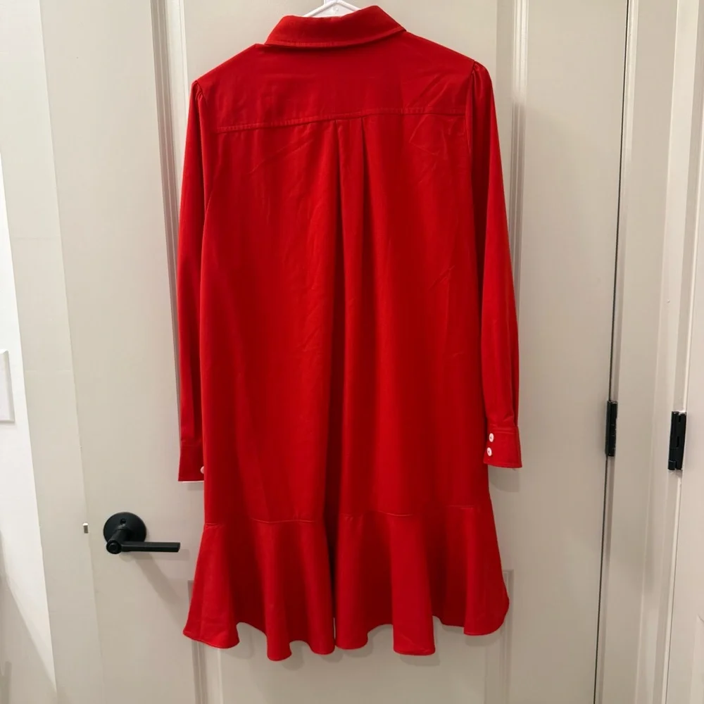 Tuckernuck Callahan Shirt Dress Red Crepe Swing Ruffle Hem Pockets Size Large - Picture 8 of 8